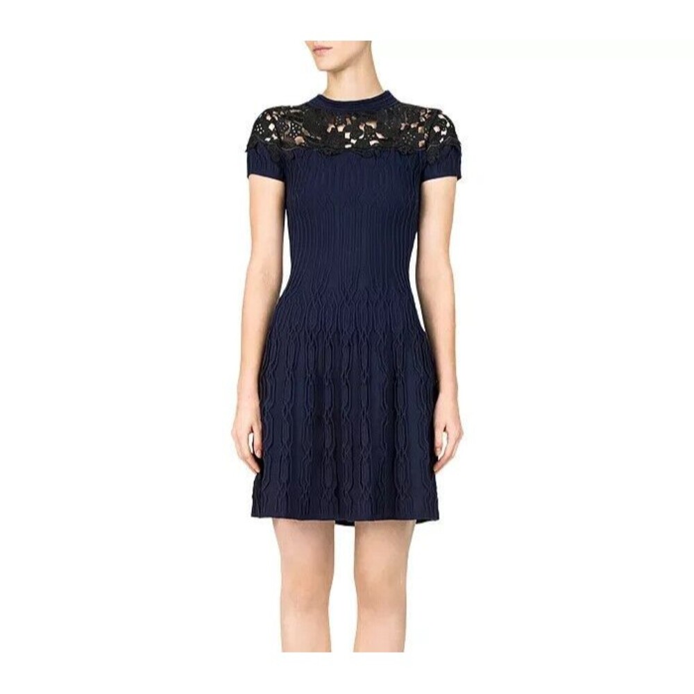 THE KOOPLES Dress Womens Size 1 Blue Fit Flare Ribbed Lace Inlay Yoke Stretch